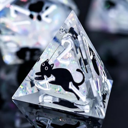 WizardsAracanum Cat Liquid Quicksand DND Dice Set Resin 7Pcs Dice DND with an Iron Box for DND COC Role Playing dice Games and Board Games Gift (Glitter Rainbow Black Cat) - color: Rainbow Giltter Black Cat