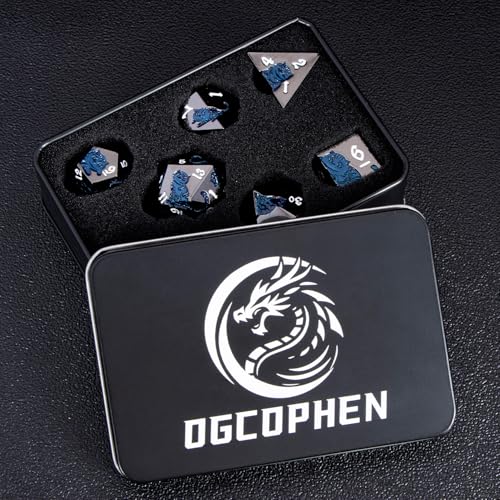 Metal DND Cat Dice 7PCS Polyhedral RPG Dice Set with Gift Case for Dungeons Dragons Role Playing Game, D and D Dice D6 D8 D10 D12 D20 D% (Blue Black) - color: Cat-black Blue