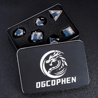 Metal DND Cat Dice 7PCS Polyhedral RPG Dice Set with Gift Case for Dungeons Dragons Role Playing Game, D and D Dice D6 D8 D10 D12 D20 D% (Blue Black) - color: Cat-black Blue