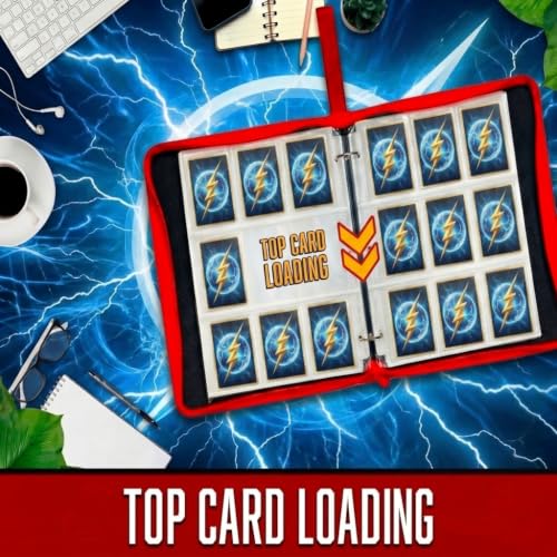 Trading Card Binder 9 Pocket – 900 Card Capacity, Zipper & Handle, PU Leather Album, 3-Ring Binder with 50 Sleeves for TCG Cards, Fits Stanrd Card size Custom Thunderbolth Design. - color: Black and Red, size: Large