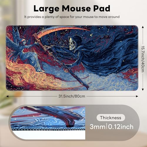 Large Gaming Mouse Pad, XL Desk Protector, Non-Slip Base | 31.5x15.7 in Extended Desk Mat with Stitched Edges for Keyboard, Work, Game, Office, Home PC and Laptop - color: Reaper Angel