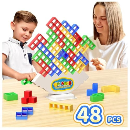 Ziogogco 48Pcs Balance Stacking Blocks Game, Gift for Kids Ages 3-14 | Gets kids thinking. Includes 22 cards and a travel storage bag. Great for birthdays, Christmas, and stocking stuffers
