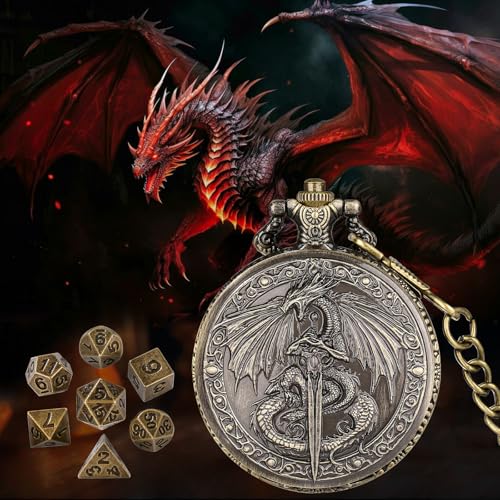 Mini DND Dice Set, Flying Dragon Holds Long Sword Pocket Watch Shell Case, DND Starter Set, 7pcs Polyhedral Metal Dice Set, D&D Gifts with Gift Bag, Role Playing Board Game Accessories,Bronze - color: Bronze