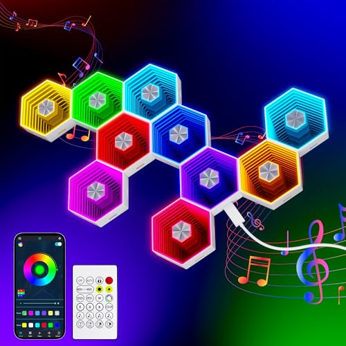 10 Pack Hexagon Led Lights, 90mm Smart Hexagon, Smart App RGB Gaming Led Light, with Remote Control & Music Sync Honeycomb Shape Hexagon Wall Lights for Bedroom, Living Room Wall - size: 10 mirrored designs