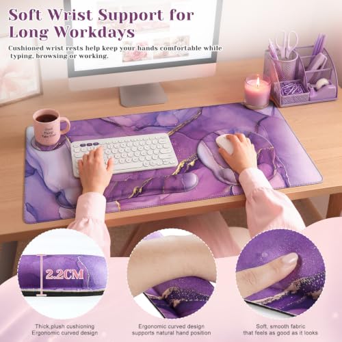 iCasso Purple Ergonomic Large Mouse Pad with Wrist Support, 4in1 XXL Desk Mat Set- Keyboard Wrist Rest + Mouse Wrist Rest + Coaster, Marble Style Desk Pad Mousepad - color: 1-Purple Marble