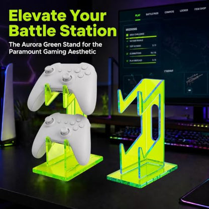 Aurora Green 2 Pack 2-Tier Controller Holder Display Stand for PS5, Xbox | Controller holder & display stand for gaming desk or battlestation; set of 2 holds 4 pads, charge in place, aurora acrylic