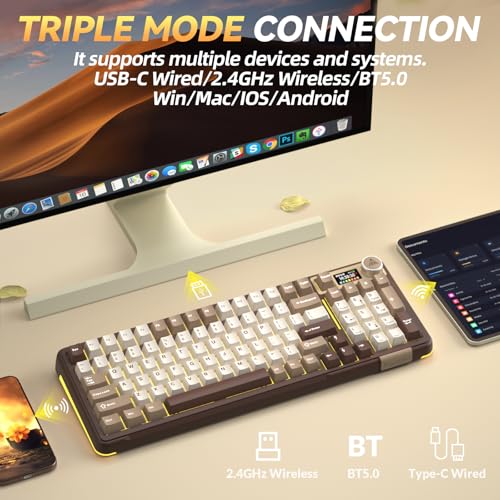 SOLAKAKA A99 Pro Mechanical Keyboard with LCD Screen & Metal Knob, Wireless Gaming Keyboard with BT5.0/2.4GHz/USB-C, Hot Swappable Creamy Keyboard, Gasket Structure, RGB Backlit, for Win/Mac - color: Milk Coffee Brown