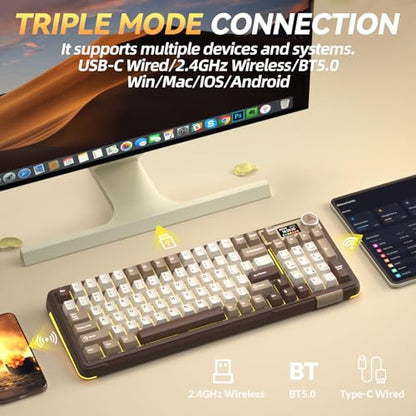 SOLAKAKA A99 Pro Mechanical Keyboard with LCD Screen & Metal Knob, Wireless Gaming Keyboard with BT5.0/2.4GHz/USB-C, Hot Swappable Creamy Keyboard, Gasket Structure, RGB Backlit, for Win/Mac - color: Milk Coffee Brown