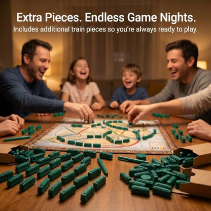 Replacement Train Pieces Compatible with Ticket to Ride (Green) | Includes 45 standard train tokens, one marker and additional spare trains. - color: Green