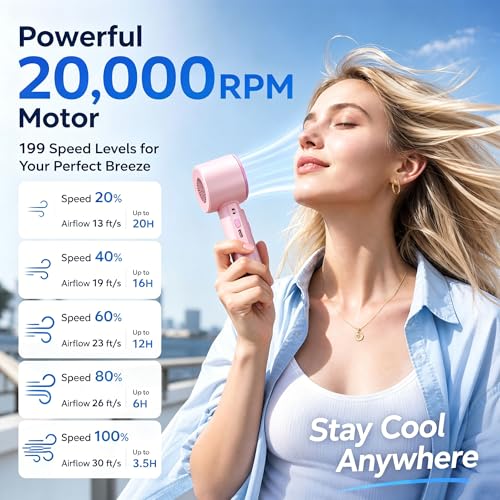 Portable Handheld Fan with Ice Cooling Personal Rechargeable Mini Neck Fan | 20000RPM,199-Speed 4000mAh Battery Powered up to 15hrs with LED Display for Travel, Camping & Outdoor, Pink - color: Pink