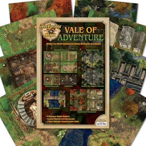 Arcknight The Vale of Adventure Roleplaying D&D Battle Map; 16 Modular RPG Maps in 8 Double-Sided Pages, 1" Square Grid, Modular & Versatile DND Map for ttrpg Gaming - for Dungeons & Dragons - style: Vale Adventure