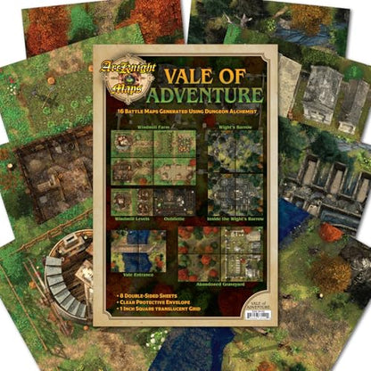 Arcknight The Vale of Adventure Roleplaying D&D Battle Map; 16 Modular RPG Maps in 8 Double-Sided Pages, 1" Square Grid, Modular & Versatile DND Map for ttrpg Gaming - for Dungeons & Dragons - style: Vale Adventure