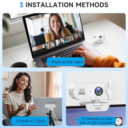 AOC White 4k Webcam for PC with Microphone, Computer Camera with Noise Cancellation, Privacy Cover, 99° FOV, Plug & Play USB Webcam for Streaming, Conferencing, Zoom, Skype, Facetime - color: white