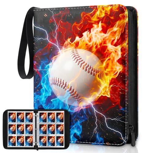 Baseball Card Binder, Sports Card Binder 9 Pocket Holds up to 900 Pockets with 50 Removable Sleeves, Zipper Baseball Cards Collection Binder for Sports & TCG Collectors - color: Flame Baseball, size: 9 pocket