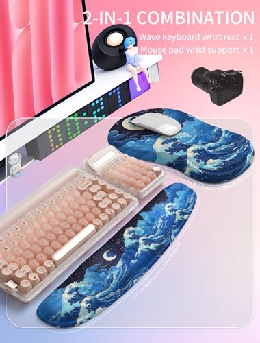 Hokafenle 2in1 Combination, Wave Keyboard Wrist Rest and Ergonomic Curvature Mouse Pad Wrist Support for Relieve Wrist Pain, Filled with Soft Cushion Memory Foam, Crescent Waves - color: Crescent Waves