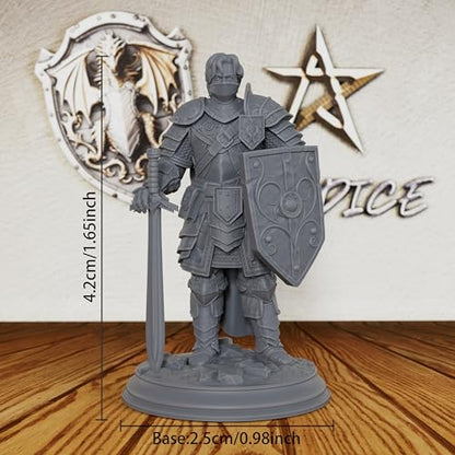 AUSPDICE Master Fighter 28mm, Unpainted Human Fantasy RPG Miniature AS227 | DND Miniature for Dungeon Masters: Armored Swordsman with Longsword and Ornate Shield for TTRPG Battles and Castle Defense