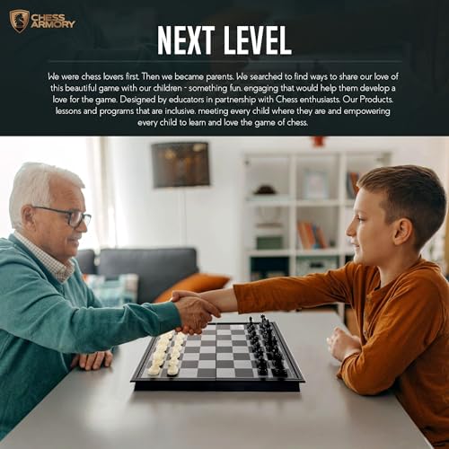 Chess Armory Magnetic 9.5 Inches Travel Chess Set - Folding Board with Storage Box & 2 Extra Queen.