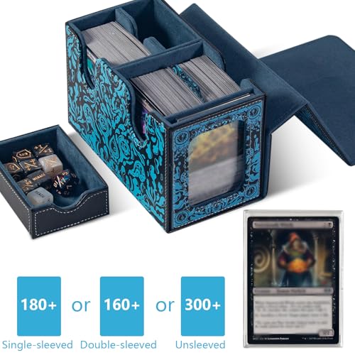 MTG Commander Deck Box with Dice Tray Card Deck Box Fits 160 Double Sleeved /200 Single Sleeved trading Cards, TCG deck box with 6 DICE 1Acrylic Dividers 1 Card Holder (Water) - color: Water