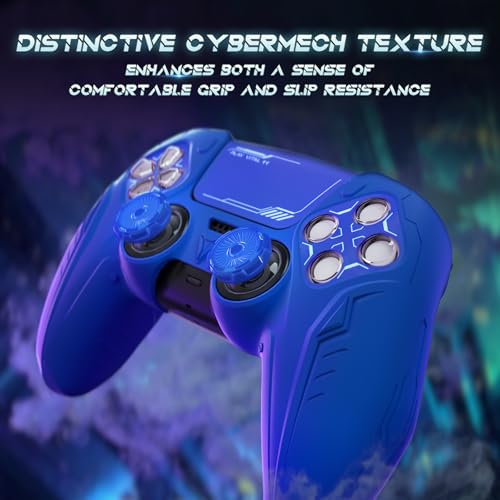 PlayVital Silicone Skin Set for PS5 Controller - Charging Dock Compatible, Full Protection Case with Futuristic CyberMech Design, Soft Cover with Thumb Grips & Stickers - Blue - color: Blue