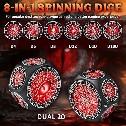 ZHOORQI 8-in-1 DND Dice Set – Metal Spinner Dice with Dual D20, 3D Monster Engravings & Smooth Spinning – Perfect for TTRPG, D and D Dungeons and Dragons Gifts (Black Dice-Red) - color: Black Red