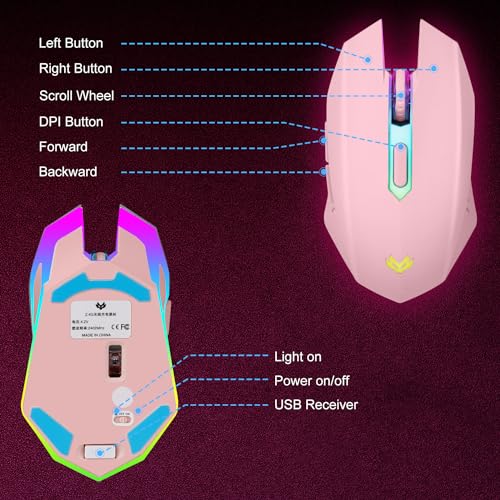Wireless Gaming Mouse, Rechargeable Computer Mouse, 7-Color LED Light, Ergonomic Mouse with 6 Silent Click Buttons, 3 Adjustable 2400 DPI Wireless Mouse for Laptop,PC,Mac, Pink - color: Pink