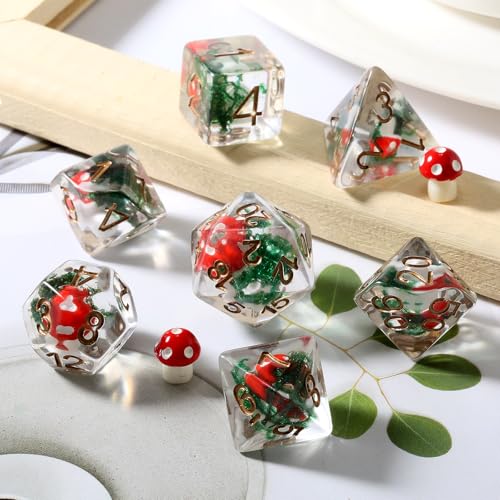 Mushroom Dice Set D&D, DNDND 7PCS Resin D&D Dice Set with Gift Velvet Bag for Dungeons and Dragons Role Playing Games and Tabletop Games（Red Mushroom - color: Mushroom Red