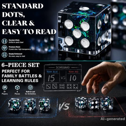 AUSTOR 6 Sided Dice 16mm, 6 Pcs D6 Dice Handmade Sharp Edge Resin Dices Set | Resin Dice 6 Sided, Non-toxic, for DND Tenzi Farkle Yahtzee, with Metal Case - color: Dark Star Silver