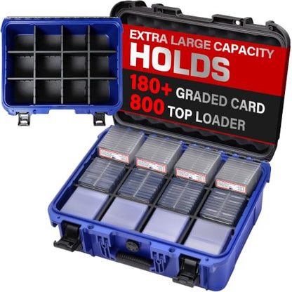 Sports Card Storage Box, Extra Large Graded Card Case, Waterproof Hard Case | Sports Card Case with 8 Adjustable Dividers; Fits All PSA, BGS, SGC, CGC and CSG Slabs, Top Loaders and Magnetic Card Holders - color: Extra-Large Capacity / Black＆Blue