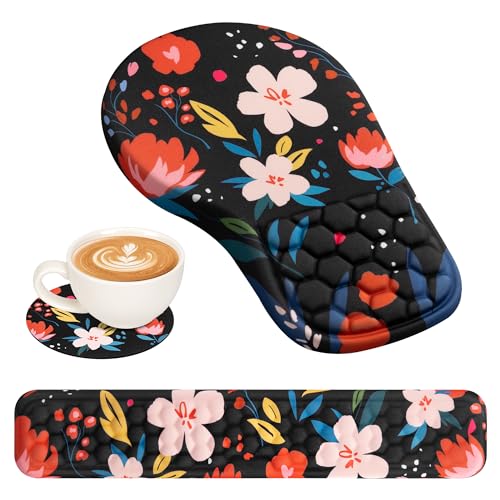 EYROZILL 3 in 1 Ergonomic Mouse Pad and Keyboard Wrist Rest, Cute Mouse Pad with Wrist Support Massage Design, Non-Slip Wrist Pad for Mouse, Desk Mouse Set(Flower) - color: Flower
