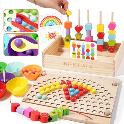 INIFEIDALA Montessori Toys for 3 4 5 Year Old,Gifts for Toddlers | Stacking Blocks, Lacing Beads & Shape Stacker, Wooden Beads Sequencing Toy Set, Fine Motor Skills & STEM Preschool Learning - style: Lacing Beads