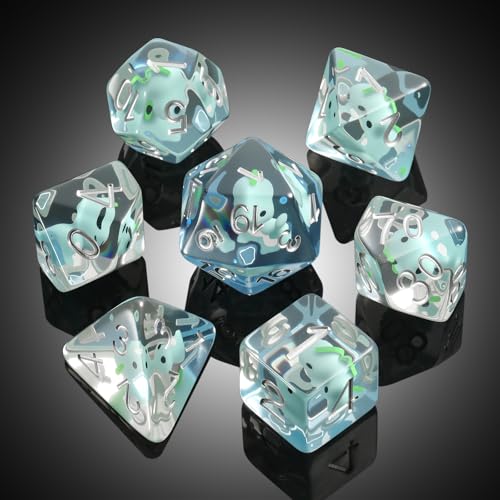 Dinosaur D&D Dice Set 7PCS Polyhedral Dice for Dungeons and Dragons, D&D RPG Resin Dice with Silver Numbers in Gift Velvet Bag for DND Players（Dinosaur