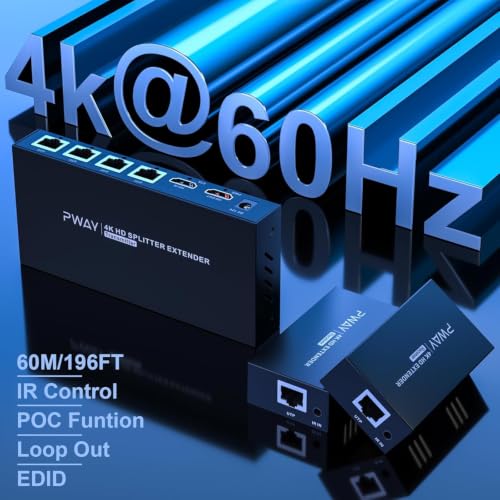 4K @60Hz HDMI Extender Splitter 1x4 Video by CAT5 CAT6 CAT7 Ethernet Cable | Extend 196ft, with IR, Support HDR10-Loop Out-Poc, Work with large UHD TVs, for Church, Classroom, Sports Events - size: 1x4 4K60Hz 196ft
