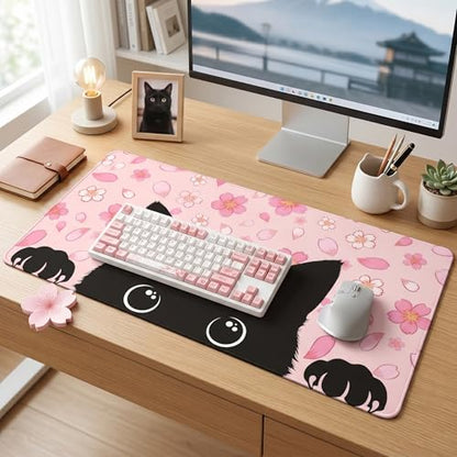 Black Cat Mouse Pad Extended Large Cute Pink Cherry Blossom Desk Mat Big Floral Flowers Desk Pad Set XXL Aesthetic Paw Gaming Mouse Pad for Keyboard Computer Laptop Home Office Girl 31.5X15.7Inches - color: Cherry Blossom Cat