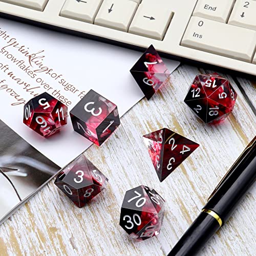Haxtec Sharp Edge DND Dice Set Red Blood Swirls Resin Dice D&D Dice with Dice Case for RPG Role Playing Games Compatible with Dungeons and Dragons Gift-White Ink - color: Black Red