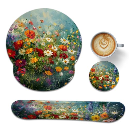 Keyboard Wrist Rest Pad Ergonomic Mouse Pad Set,Vintage Oil Painting Flower Field 3 in 1 Memory Foam Mouse Pad with Non Slip Base for Office and Home - color: Vintage Oil Painting Flower Field