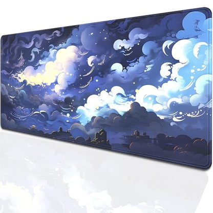 Blue Clouds Mouse Pad,Extended Stars Sky Dark Blue Clouds Mousepad Desk Pad with Stitched Edges,Non-Slip Waterproof Rubber Base Mouse Mat for Office Computer Keyboard Laptop Home 27.5x11.8 in - color: Blue Clouds