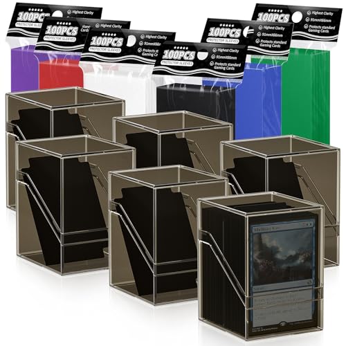 YSCare 6 Pack Card Deck Cases, Commander Deck Boxes with 600Pcs Card Sleeves and Dividers, Standard Size Cards Storage Box Perfect Fit for MTG, Sport, Trading Cards (6 colors) - color: 6 colors sleeves+6 black cases, size: 600