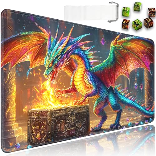 for MTG Game Playmat - 24 x 14 inches with Dices and Storage Bags, Non-Slip Base for TCG and Board Game Card Mats, Trading Card Games Mat, Rainbow Dragon Pattern Collectible Card Playmats - color: Jv-playmat-p7-1-h217