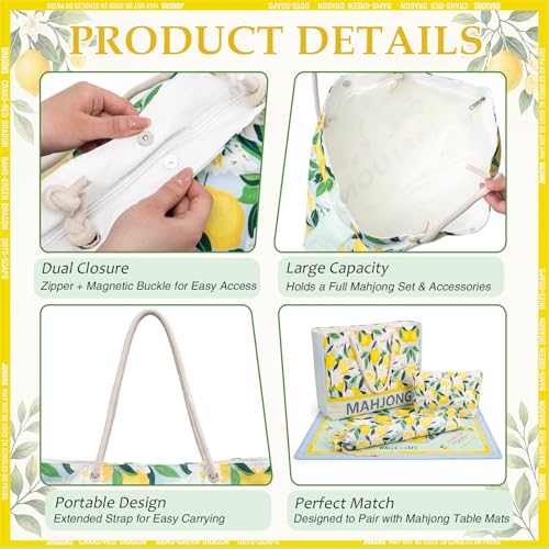 Soulchen 3 Pcs Empty Mahjong Bag Set American Mahjong Buckled and Zippered Carrying Bag with Handle, Tile case and Drawstring Protective Sleeve for Rack Game Travel Accessories Gift(Lemon) - style: Lemon