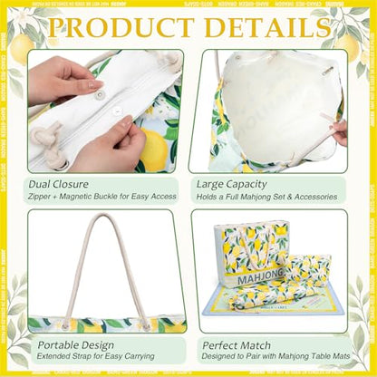Soulchen 3 Pcs Empty Mahjong Bag Set American Mahjong Buckled and Zippered Carrying Bag with Handle, Tile case and Drawstring Protective Sleeve for Rack Game Travel Accessories Gift(Lemon) - style: Lemon