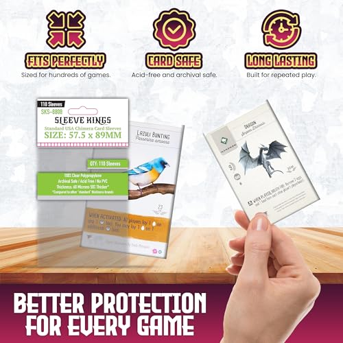Sleeve Kings Standard Card Sleeves 57.5x89mm, 60 Micron, 110ct, SKS-8808 | 100% Clear Polypropylene, Acid-Free & PVC-Free, Archival-Safe for Long-Term Storage, Compatible with Wingspan & More - size: 57.5 x 89 mm, style: Standard USA Chimera