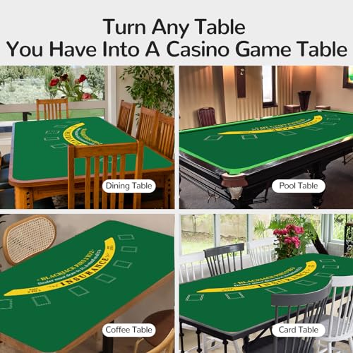 70 x 35 Inch Poker Mat for Table, Texas Hold'em Poker Table Top Mat with Carrying Bag, Waterproof Anti-Slip Rubber Blackjack Mat for Home Game Nights Up to 8 Players - color: Green-blackjack