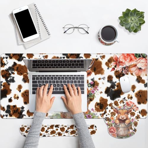 Arttown Keyboard Mouse Pad Set, 4 in 1 Desk Mat Set Highland Cow | Flower Leaves Cartoon Large Mousepad+Keyboard Wrist Rest+Mouse Wrist Rest+Coaster Ergonomic Design for Home Office Computer - color: Cute Highland Cow