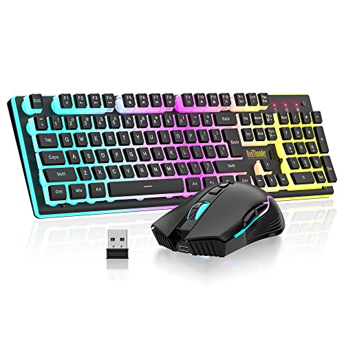 RedThunder K10 Wireless Gaming Keyboard and Mouse Combo, RGB Backlit Rechargeable 3800mAh Battery, Mechanical Feel Anti-ghosting Keyboard with Pudding Keycaps + 7D 3200DPI Mice for PC Gamer (Black) - color: Black Pudding