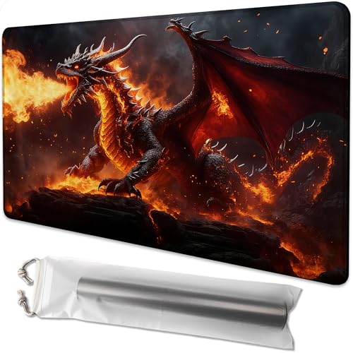 for MTG Playmat 24 x 14 Inches The Fire Dragon on the Rock Magic Play Mat Card Game Mat for Magic The Gathering TCG PTCG Playmat with Free Storage Bags Non-Slip Backing and Stitched Edge - color: The Fire Dragon on the Rock No With Zones