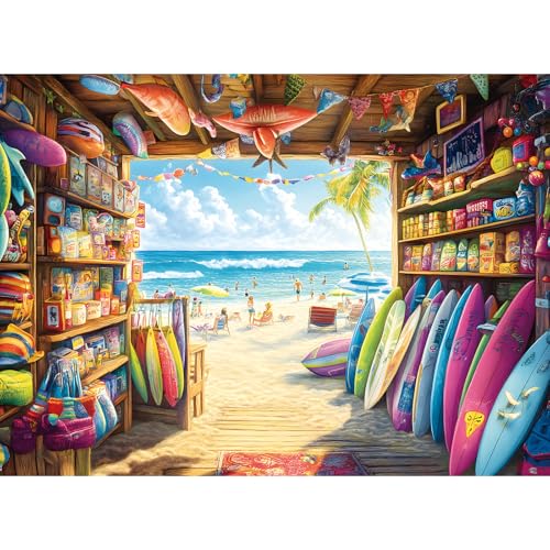 300 Piece Jigsaw Puzzle for Adults – Seaside Surf Shop Scene – Fun and Challenging Puzzle Game, Unique Beach Artwork, Gift for Adults, Home Decor, Family Entertainment (20.5" x 15") - color: Seaside Shop