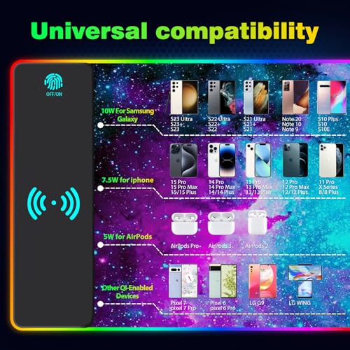 AIMSA Wireless Charging RGB Gaming Mouse Pad 15W, Extended LED Desk Mat Protector 800x300x4MM, 14 Light Modes Extra Large Mousepad Non-Slip Rubber Base Desk Mat, Galaxy Nebula Universe - color: Galaxy Nebula Universe