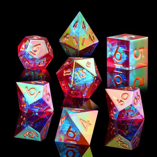 Laser DND Rainbow Dice Set Dungeons and Dragons Dice with Iridescent Iconic Coating, Polyhedral Dice with Resin Sharp Edge for RPG, MTG Table Games （red Sunset） - color: Rainbow-red Sunset