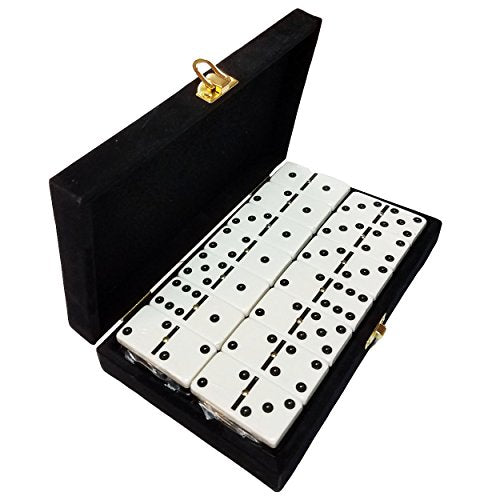 Marion Domino Double 6 White Jumbo Tournament Professional Size with Spinners in Elegant Black Velvet Case. - color: White