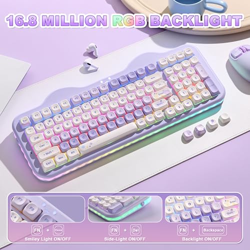 YUNZII C98 Wireless Mechanical Keyboard with Number Pad,99 Key BT5.0/2.4G/USB-C Hot Swap Gasket Mount with PBT MOA Keycaps,Custom RGB,Cute Cake Keyboard for Win/Mac (Purple, Candy Linear Switch) - color: Purple, size: Candy Linear Switch
